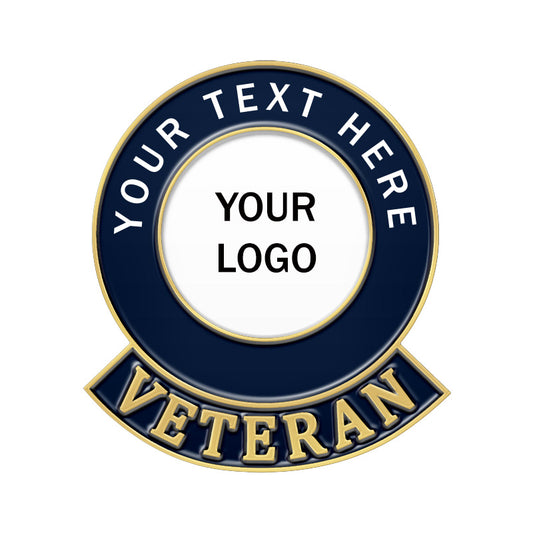 Custom round veteran lapel pin in gold and navy blue, featuring a central area for custom logo, "VETERAN" text on a golden ribbon, and space for custom text at the top.
