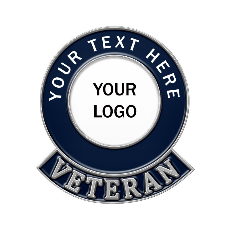 Custom round veteran lapel pin in silver and navy blue, featuring a border with space for custom text, a central area for custom logo, and a ribbon with "VETERAN" inscription.