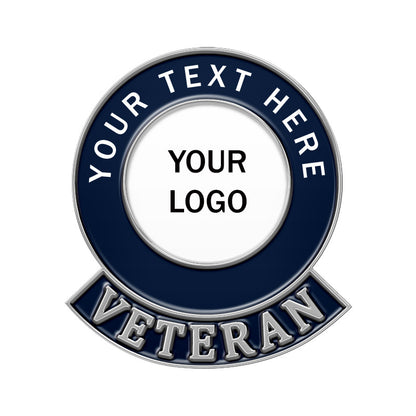 Custom round veteran lapel pin in silver and navy blue, featuring a border with space for custom text, a central area for custom logo, and a ribbon with "VETERAN" inscription.