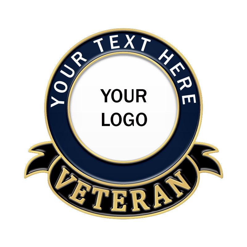 Custom round veteran lapel pin in gold and navy blue, featuring a ribbon with "VETERAN" text, a border for custom text, and a central area for custom logo.