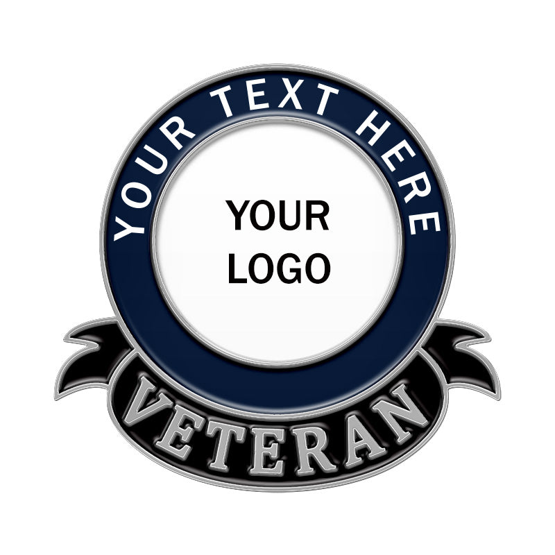 Custom round veteran lapel pin in navy blue and silver, featuring a border with space for custom text, a central area for custom logo, and a ribbon with "VETERAN" inscription.
