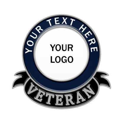 Custom round veteran lapel pin in navy blue and silver, featuring a border with space for custom text, a central area for custom logo, and a ribbon with "VETERAN" inscription.