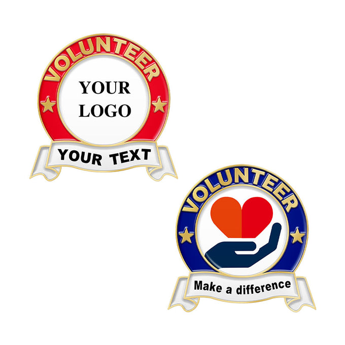 Volunteer Pins Non-Profit Design Templates in Gold Showcasing Two Circular Badge Options With Red White and Blue White Color Schemes Featuring Custom Text VOLUNTEER and Make A Difference and Placeholder for Your Logo and Text