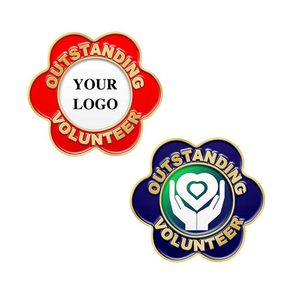 Volunteer Pins in Gold with Floral Wave Border Featuring Red and Deep Blue Customizable Badges With Outstanding Volunteer Text and Central Logo or Heart Hands Emblem For Charity Recognition And Commemoration