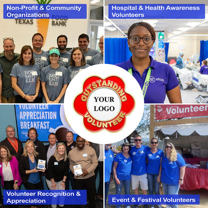 Volunteer Pins In Red and Gold Floral Shaped Promotional Template Collage Showcasing Four Key Volunteer Scenarios For Non-Profit Community Organizations Hospital Health Awareness Appreciation Events And Festival Volunteering Featuring Custom OUTSTANDING VOLUNTEER Text For Professional Recognition And Appreciation