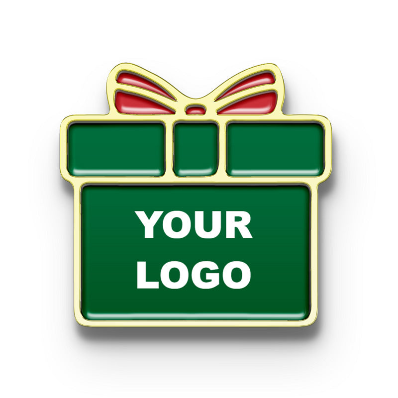Gold Merry Christmas lapel pin with custom logo, an ideal corporate or festive gift.