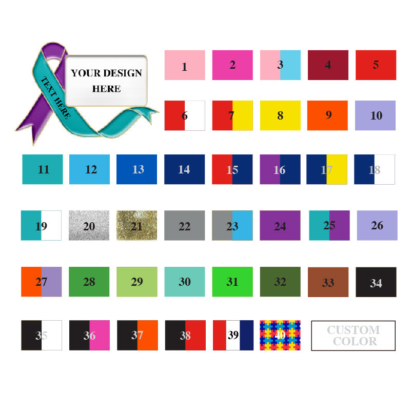 Color options for suicide prevention ribbon pins, highlighting the hues used to symbolize mental health advocacy.