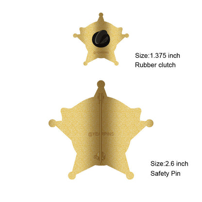 Back view of 5-point star sheriff badges in 35mm and 66mm sizes, custom badge with curved surface and sturdy pin attachments for junior or cadet units