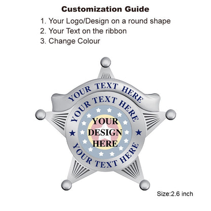 Silver Custom 5-Point Star Badge with round UV center and smooth tips, used in sheriff replica badge or youth cadet unit designs