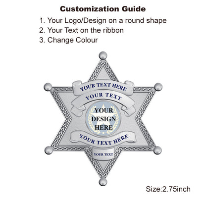 Silver 6-Point Custom Star Badge with raised edge, personalized UV seal, suitable for law enforcement-style badge or star badge customization