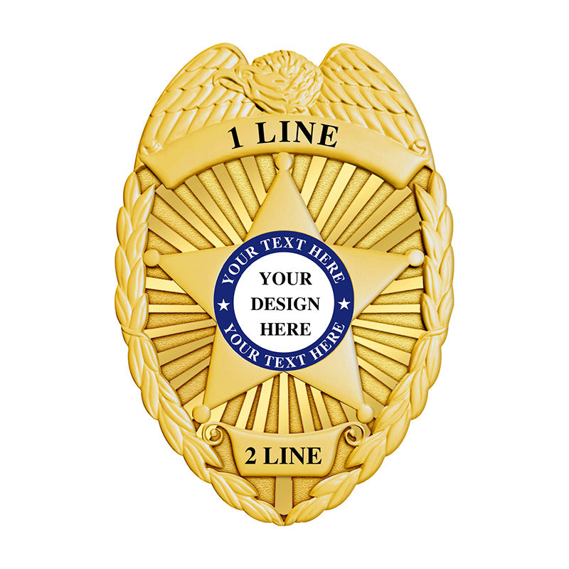 Gold Security Officer Badge with 5-point star center, flat finish and custom seal, ideal for private security, cadet, or training units