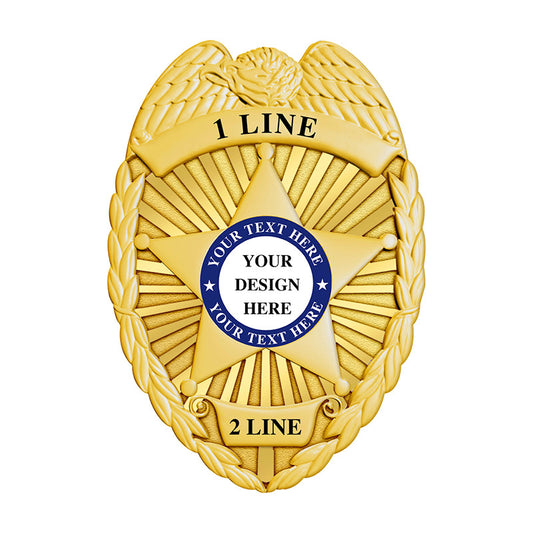 Gold Security Officer Badge with 5-point star center, flat finish and custom seal, ideal for private security, cadet, or training units