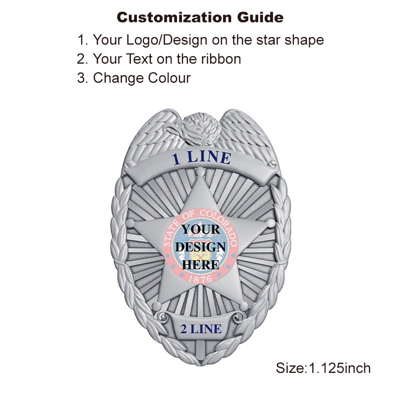 Silver Private Security Officer Badge with UV printed seal, customizable name areas, used for security enforcement badge or ID badge styles