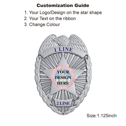 Silver Private Security Officer Badge with UV printed seal, customizable name areas, used for security enforcement badge or ID badge styles