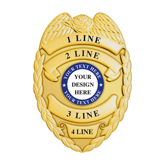 Gold Detective Badge with 3D shield frame and 4 customizable text areas, ideal for NYPD style badge, prop or greatest detective tribute