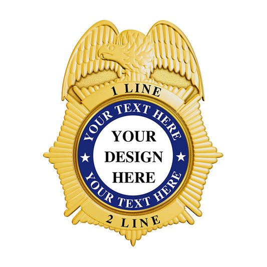 Firefighter Sunburst Badge with eagle top in gold, curved surface, UV printed fire rescue emblem, ideal for volunteer firefighter badge use
