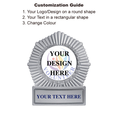 Silver Custom Sheriff Badge with sunburst rays and editable text, used for replica law enforcement badge or cadet shield commemoratives