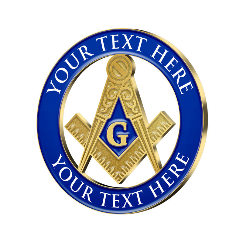 Masonic Pins in Gold with Blue Square and Compass Design Featuring Central Gold G Letter On Blue Background and Custom Text Border For Lodge Recognition And Brotherhood Membership