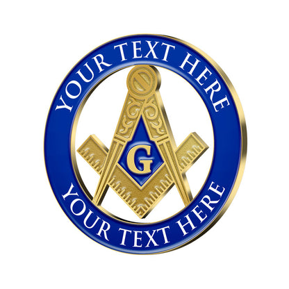 Masonic Pins in Gold with Blue Square and Compass Design Featuring Central Gold G Letter On Blue Background and Custom Text Border For Lodge Recognition And Brotherhood Membership
