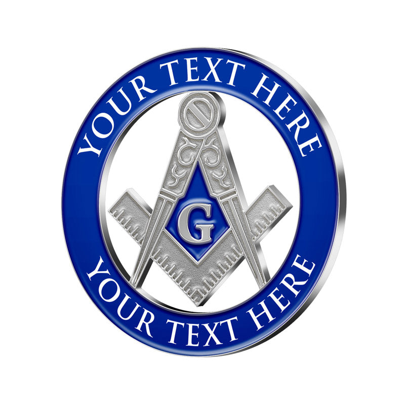 Masonic Lapel Pins in Silver with Cut-Out Design Template Featuring Compass and Square Emblem Blue Diamond Area with Letter G and Custom Text for Customization and Fraternal Recognition