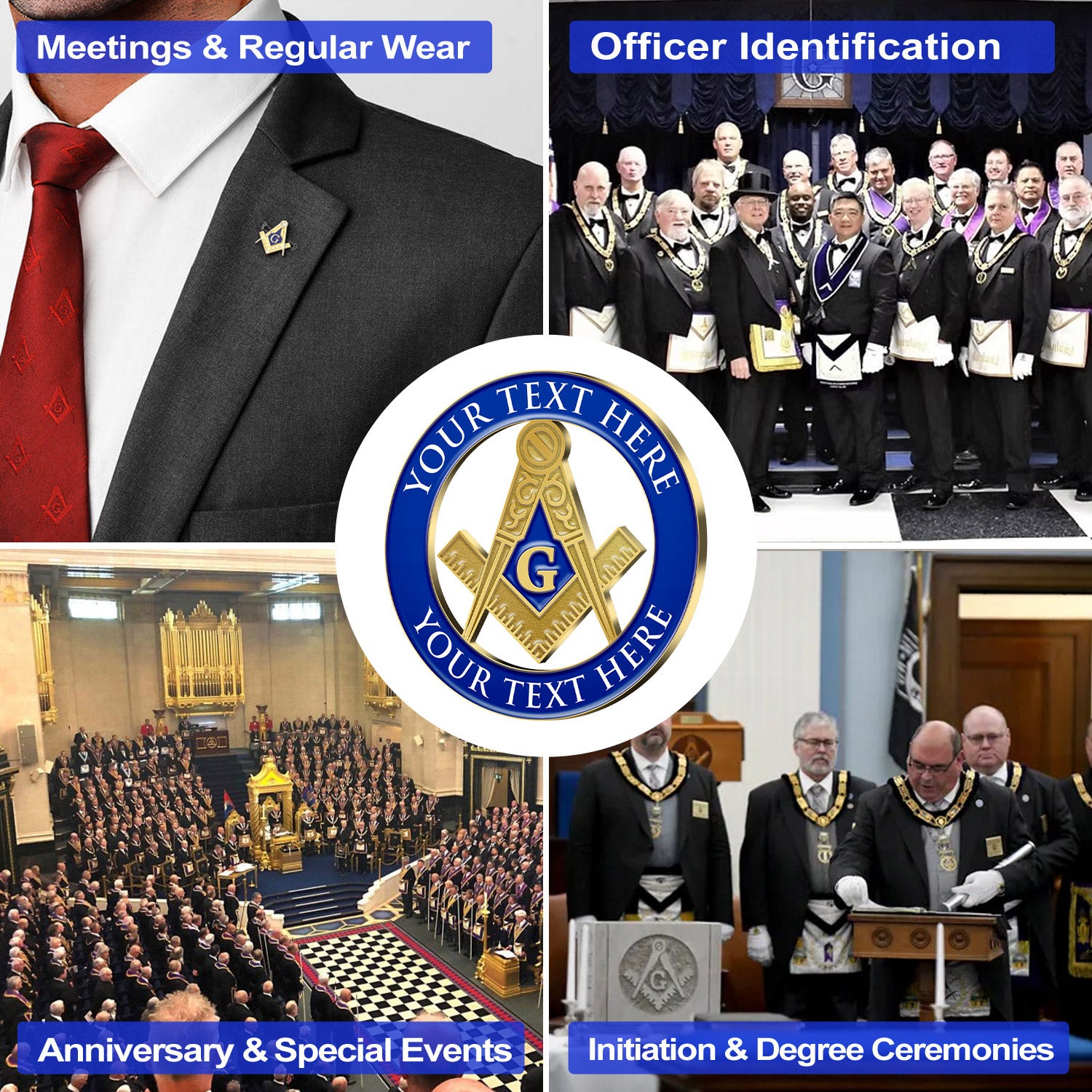 Masonic Pins Showcasing Four Key Lodge Application Scenes For Meetings Officer Identification Anniversaries And Initiation Ceremonies Around A Central Gold And Blue Anniversary Badge Featuring Custom Text For Professional Brotherhood Recognition