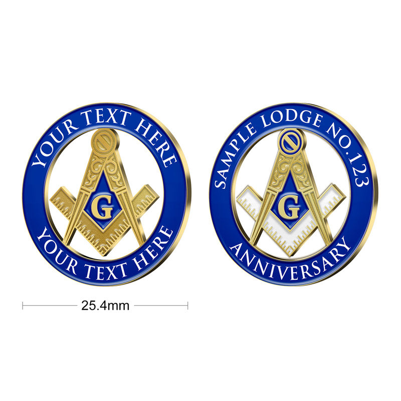 Masonic Pins In Gold With Two Distinct Templated Designs Featuring Blue Square And Compass Emblem With Central G And Custom Lodge Anniversary Text In 25.4mm Standard Diameter