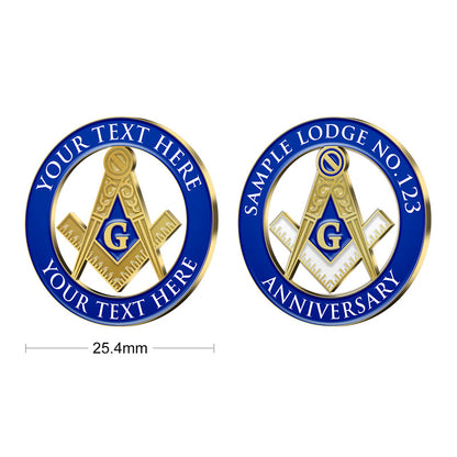 Masonic Pins In Gold With Two Distinct Templated Designs Featuring Blue Square And Compass Emblem With Central G And Custom Lodge Anniversary Text In 25.4mm Standard Diameter