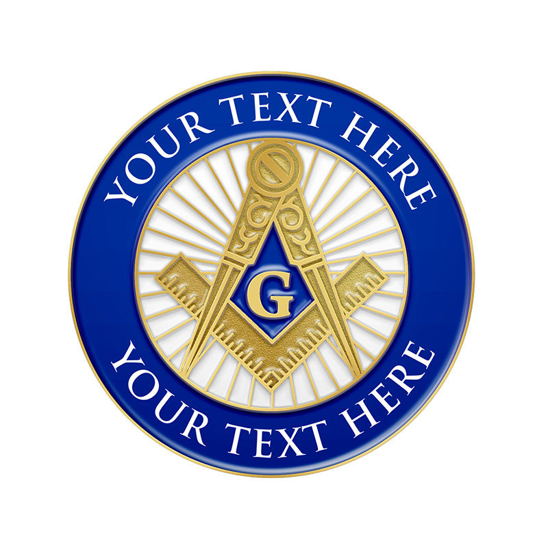 Masonic Pins in Gold with Enamel Blue Circular Badge Featuring Compass Square and G Emblem with Radiating Stripes and Custom Text Border