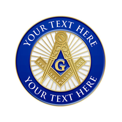 Masonic Pins in Gold with Enamel Blue Circular Badge Featuring Compass Square and G Emblem with Radiating Stripes and Custom Text Border