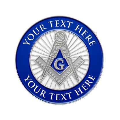Masonic Lapel Pins in Silver with Blue Hard Enamel Featuring Central Compass and Square Emblem over Blue Diamond with Silver Letter G and Radiant Lines And Outer Ring with Two Custom Text Areas For Fraternal Recognition And Commemorative Use