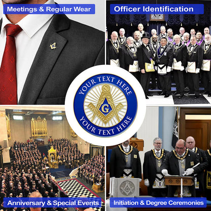 Masonic Pins Promotional Graphic Showcasing Four Lodge Application Scenes For Meetings Officer Identification Anniversaries And Initiation Ceremonies Around Central Blue And White Compass Square Badge With Sample Text For Professional Brotherhood Recognition And Events
