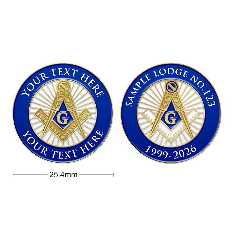 Masonic Pins in Gold With Blue Enamel Roundel Showcasing Comparison Between Personalized Custom Text Example And Sample Lodge Custom Text In 25.4mm Standard Diameter For Lodge Branding And Anniversary Commemoration