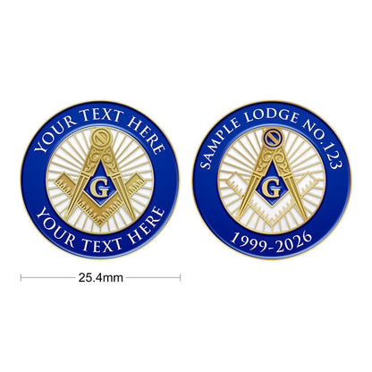 Masonic Pins in Gold With Blue Enamel Roundel Showcasing Comparison Between Personalized Custom Text Example And Sample Lodge Custom Text In 25.4mm Standard Diameter For Lodge Branding And Anniversary Commemoration
