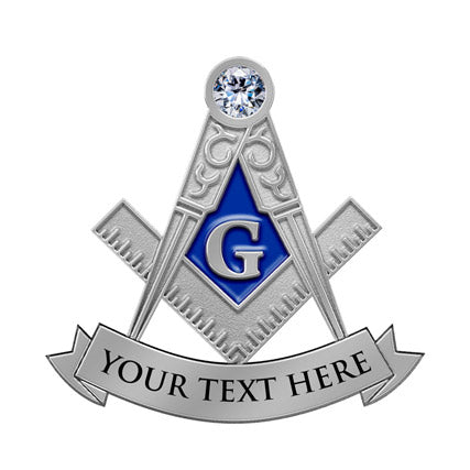 Masonic Lapel Pins in Silver and Blue Featuring Central Blue Diamond with Silver Letter G Overlaid by Compass and Square Emblem and Lower Silver Ribbon with Custom Text for Fraternal Recognition and Commemorative Use