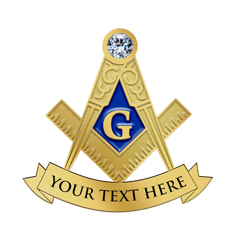 Masonic Pins In Gold With Enamel Blue Diamond Featuring Compass Square And Central G Emblem Accented By A Shining Rhinestone And Custom Text Banner For Lodge Recognition And Brotherhood