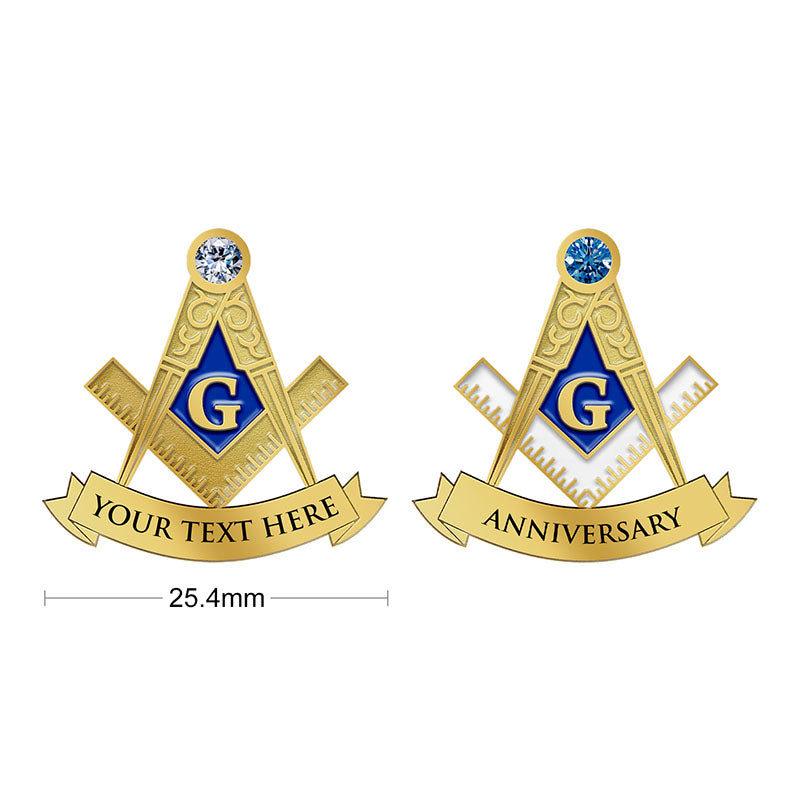 Masonic Pins In Gold With Blue Diamond Design Featuring Gold G Emblem On Banner Showcasing Two Variants With White And Blue Rhinestone Accents And Custom Text In 25.4mm Standard Diameter