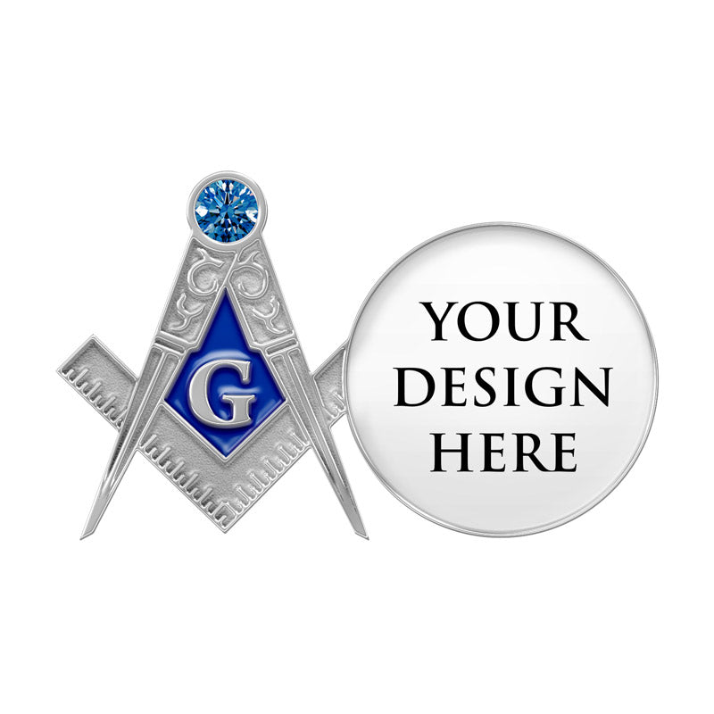 Masonic Lapel Pins in Silver Featuring A Split-Circle Design With Left Side Compass And Square Emblem Blue Diamond With Letter G And Blue Gemstone And Right Side Circular White Area With YOUR DESIGN HERE Text For Custom Fraternal Recognition And Commemorative Use