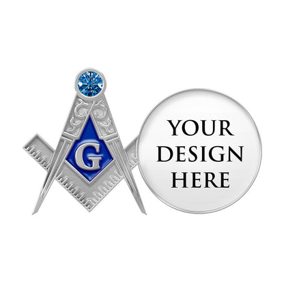 Masonic Lapel Pins in Silver Featuring A Split-Circle Design With Left Side Compass And Square Emblem Blue Diamond With Letter G And Blue Gemstone And Right Side Circular White Area With YOUR DESIGN HERE Text For Custom Fraternal Recognition And Commemorative Use