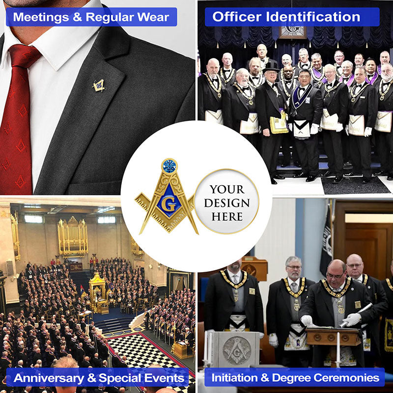 Masonic Pins Promotional Collage Showcasing Four Key Lodge Application Scenes For Meetings Officer Identification Anniversaries And Initiation Ceremonies Around A Central Gold Badge With Rhinestone And Sample Text For Professional Brotherhood Recognition And Events