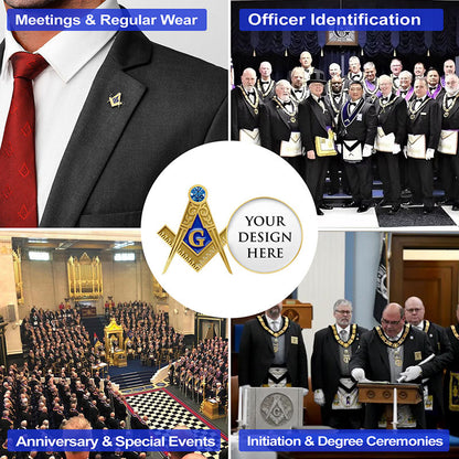 Masonic Pins Promotional Collage Showcasing Four Key Lodge Application Scenes For Meetings Officer Identification Anniversaries And Initiation Ceremonies Around A Central Gold Badge With Rhinestone And Sample Text For Professional Brotherhood Recognition And Events