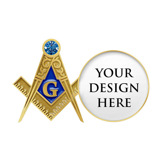 Masonic Pins In Gold With Prominent Blue Rhinestone On Compass Square Emblem Featuring Central G Letter On Diamond Shield And Custom Text Banner For Lodge Recognition And Brotherhood