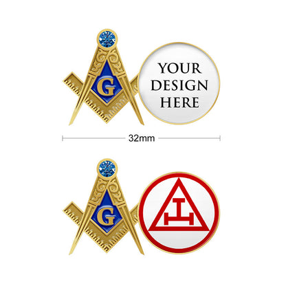 Masonic Pins Design Template Showcasing Two Rush Order Badge Options With Rhinestone Accents, Custom Text Examples, and 32mm Sizing Guides For Lodge Badge Customization And Fast-Track Production