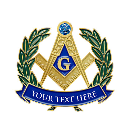 Masonic Pins in Gold with 3D Raised Compass Square Set with Blue Rhinestone Featuring Central Gold G Letter and Olive Branch Accents on Custom Text Banner