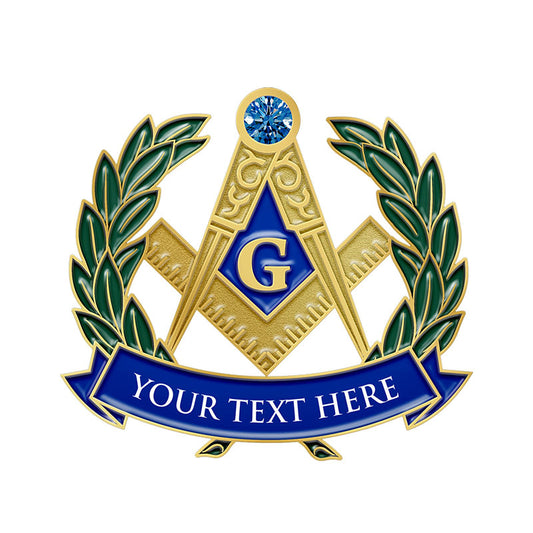 Masonic Pins in Gold with 3D Raised Compass Square Set with Blue Rhinestone Featuring Central Gold G Letter and Olive Branch Accents on Custom Text Banner