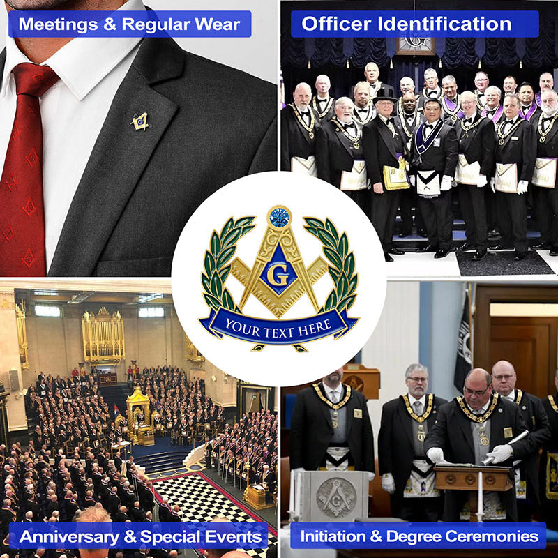 Masonic Pins Promotional Graphic Showcasing Four Key Application Scenes For Meetings Officer Identification Anniversaries And Initiation Ceremonies Around Central Custom Badge With G Symbol And Custom Text For Brotherhood Recognition And Commemoration