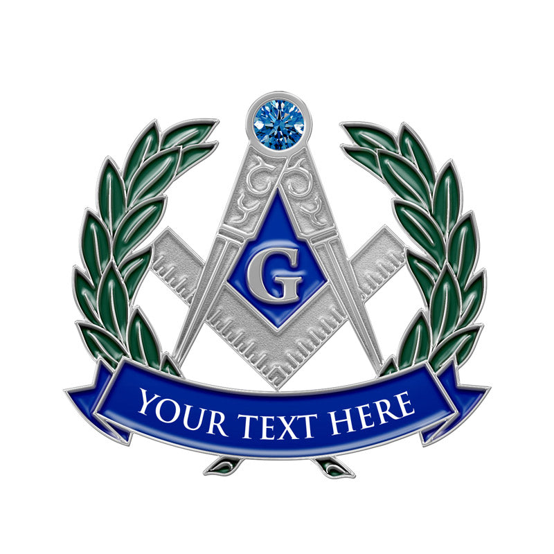 Masonic Lapel Pins in Silver Featuring Green Laurel Wreath Design With Compass And Square Emblem Blue Center With White Letter G And Blue Gemstone And Lower Blue Ribbon With Custom Text YOUR TEXT HERE For Fraternal Recognition And Commemorative Use
