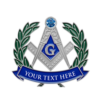Masonic Lapel Pins in Silver Featuring Green Laurel Wreath Design With Compass And Square Emblem Blue Center With White Letter G And Blue Gemstone And Lower Blue Ribbon With Custom Text YOUR TEXT HERE For Fraternal Recognition And Commemorative Use