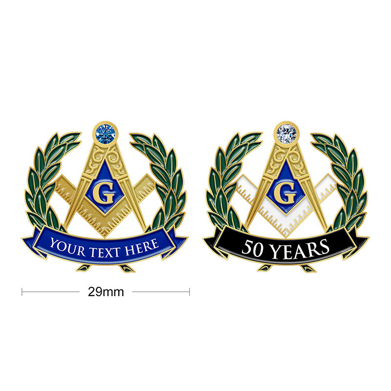 Masonic Pins In Gold With Rhinestone Accents On Blue Diamond Design Featuring Compass Square And G Emblem With Olive Branch Accents And Custom Text For 50th Anniversary And Personalization In 29mm Diameter