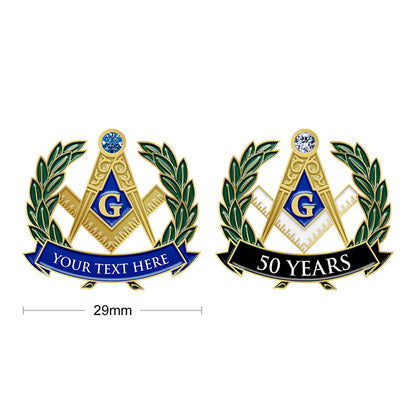 Masonic Pins In Gold With Rhinestone Accents On Blue Diamond Design Featuring Compass Square And G Emblem With Olive Branch Accents And Custom Text For 50th Anniversary And Personalization In 29mm Diameter