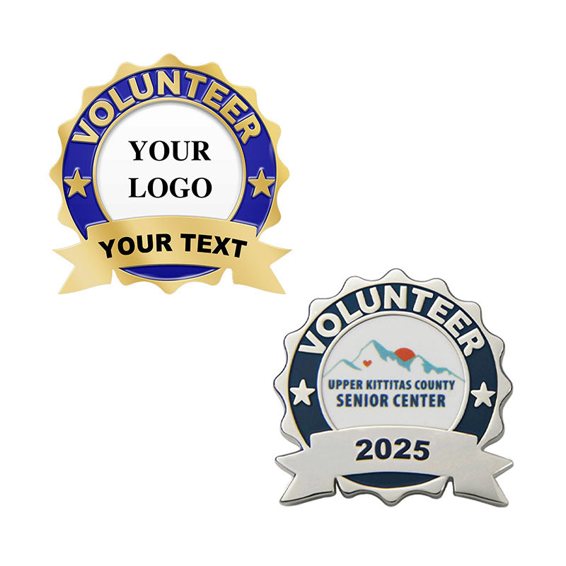 Volunteer Pins Showcasing Two Custom Design Templates In Gold And Silver Finishes With Blue And Deep Blue Color Schemes Featuring Irregular Circular Shapes Placeholder Text Your Logo And Your Text And Custom Text Upper Kittitas County Senior Center 2025 With Star Accents And Mountain Emblem For National Volunteer Recognition And Commemoration